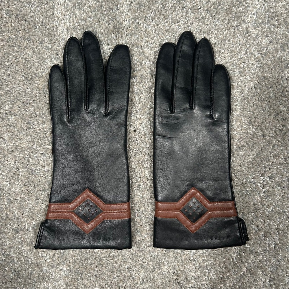 Aris Novakid Black Leather Gloves Brown Diamond Inlay Knit Lined Womens Size M